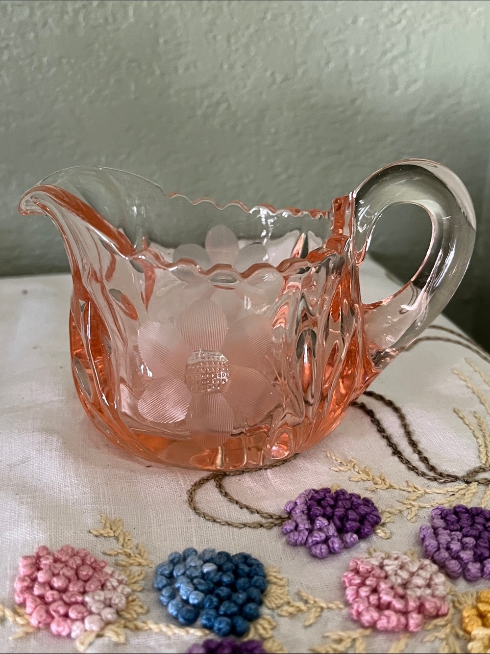 Vintage McKee D.C. Jenkins Pink Depression Glass Creamer Etched Floral Sawtooth